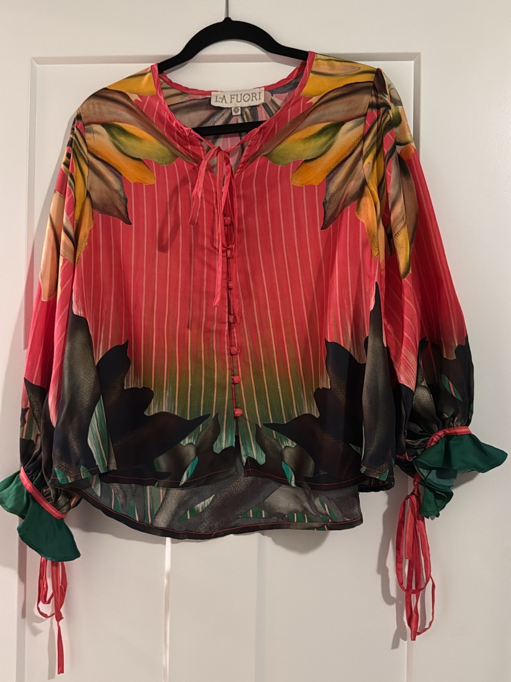 La Fouri Small Silk Twill Pink Floral V-Neck Button Long Sleeve Blouse